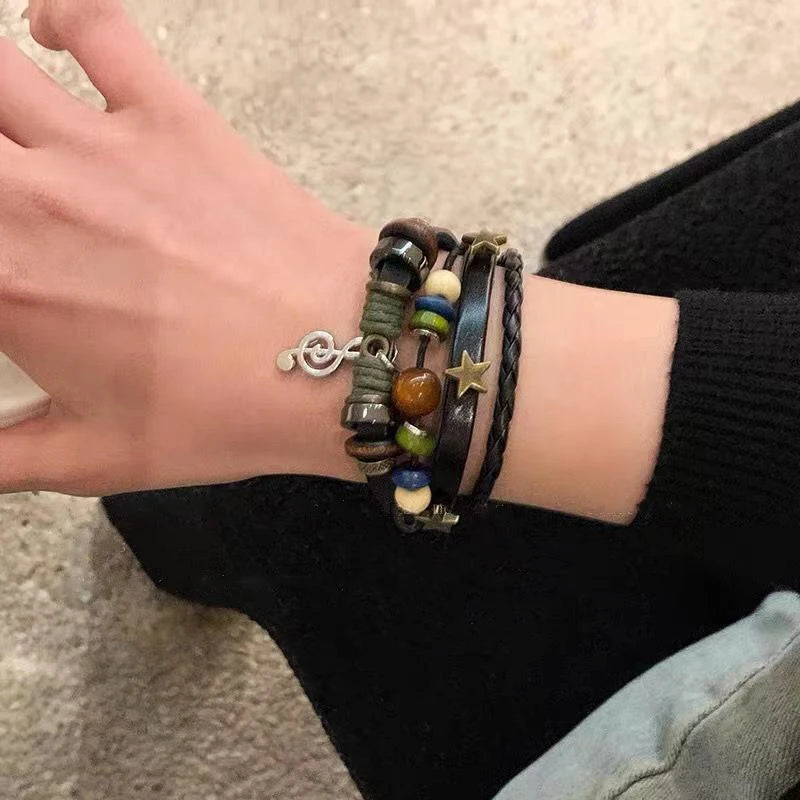 Handmade Hippie Design Brown Leather Bracelet Women Metal Star Note Charms Wood Butto lifestyle view