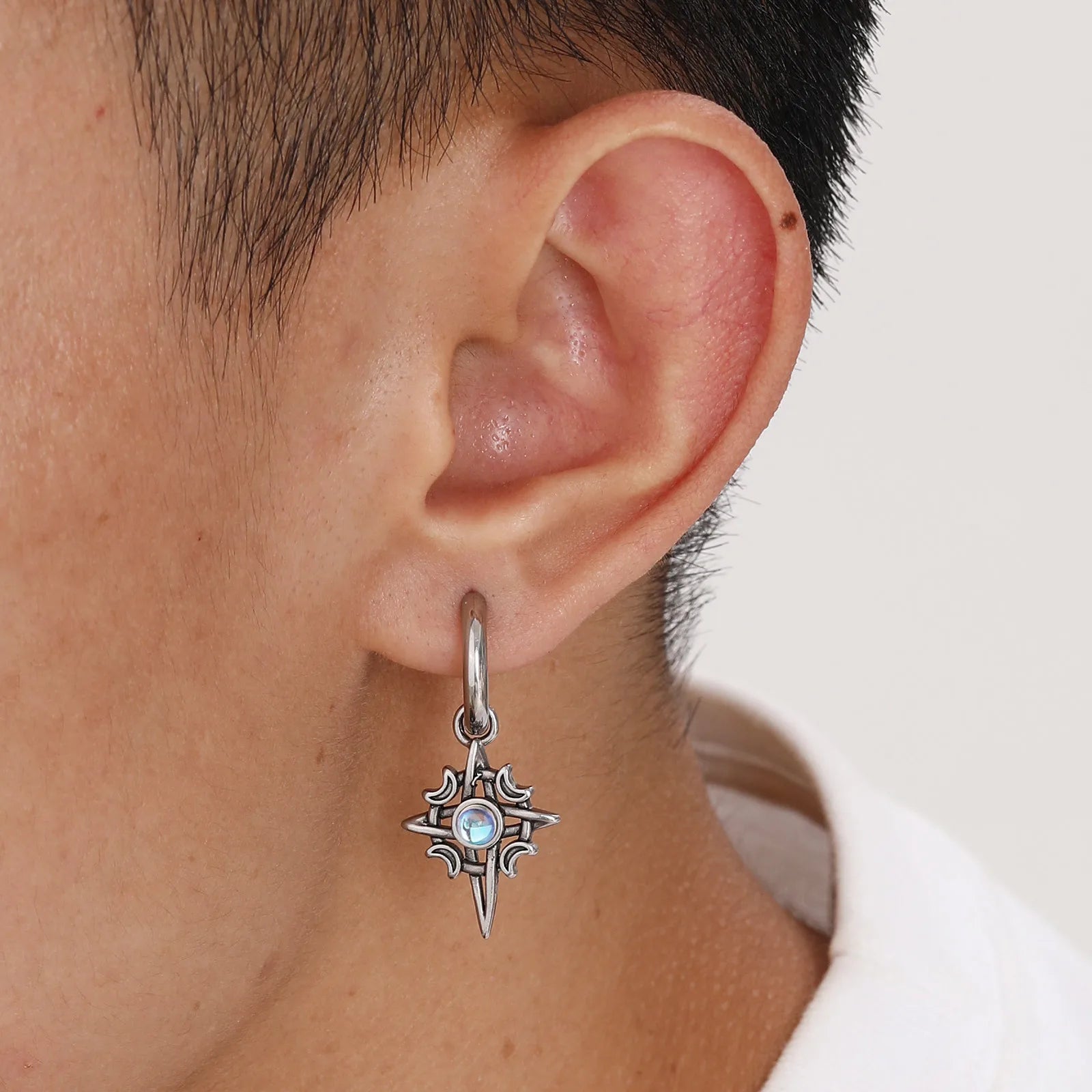 Moonstone Stainless Steel Hoop Earrings for Men | Waterproof Hip Hop Jewelry Gift detail view