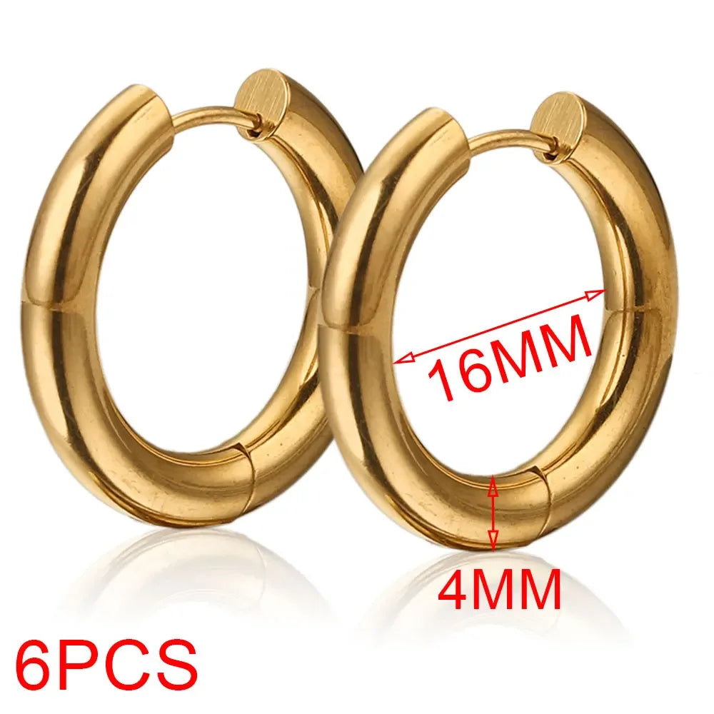 6pcs Stainless Steel 4mm Thick Earrings Gold Plated Large Round Korean Ear Rings Hoop close-up view