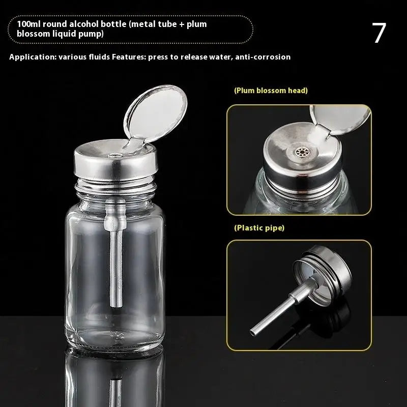 Nail Storage Refillable Glass Bottles Empty Liquid Press Pump Dispenser Nail Art Polis close-up view