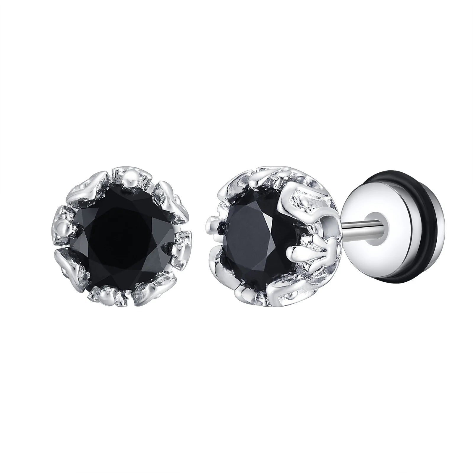 Unisex Black Onyx Screw Stud Earrings | Stainless Steel Retro Earrings for Men and Women detail view