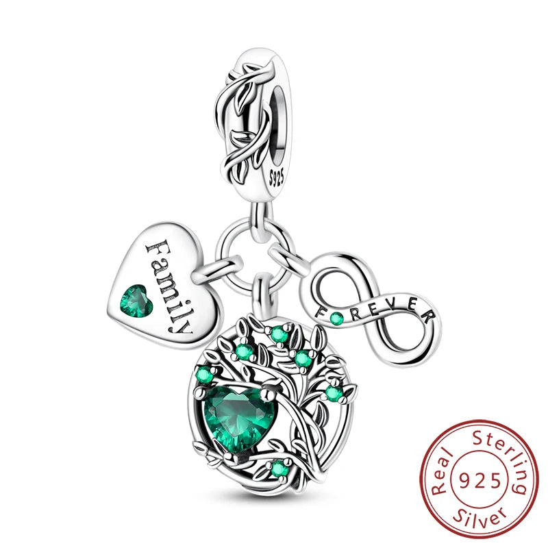 925 Sterling Silver Pendant Charms Beads Green Four-leaf Clover Love Family Tree Charm close-up view