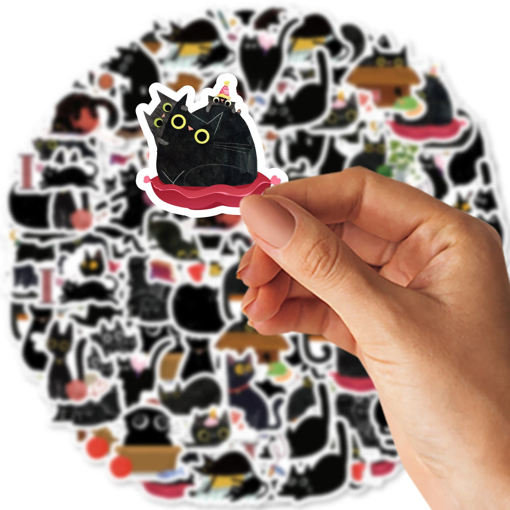 Etori Life Black Cat Stickers | 45 Waterproof DIY Stickers for Laptops and Scrapbookin close-up view