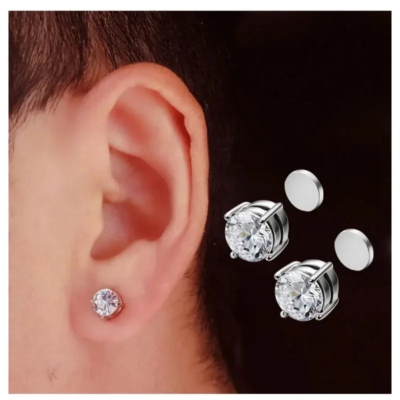 1Pairs Crystal Strong Magnetic Ear Stud Clip Earrings for Men Women, Punk Round Zirco lifestyle view