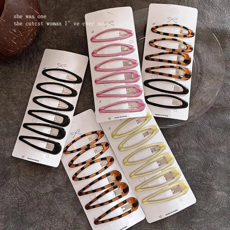 6pcs/pack Geometric Leopard Solid Snap Hairpins Fashion Alloy Bobby Pins Water-drop Oval Hair Clips Headwear For Women Girls
