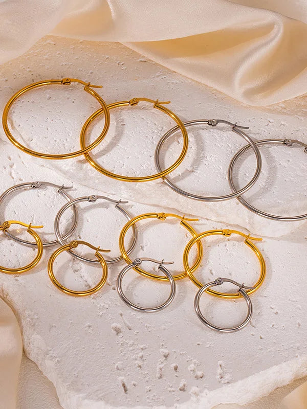 Gold Color Stainless Steel Hoop Earrings For Women Men Big/Small Circle Round Ear Jew lifestyle view
