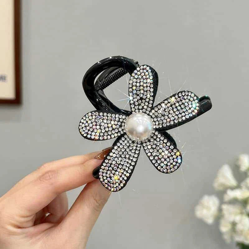 Fashion Shiny Rhinestone Flower Hair Claw Clip Headwear Elegant Black Ponytail Shark Clip Hairgrips For Ladies Hair Accessories