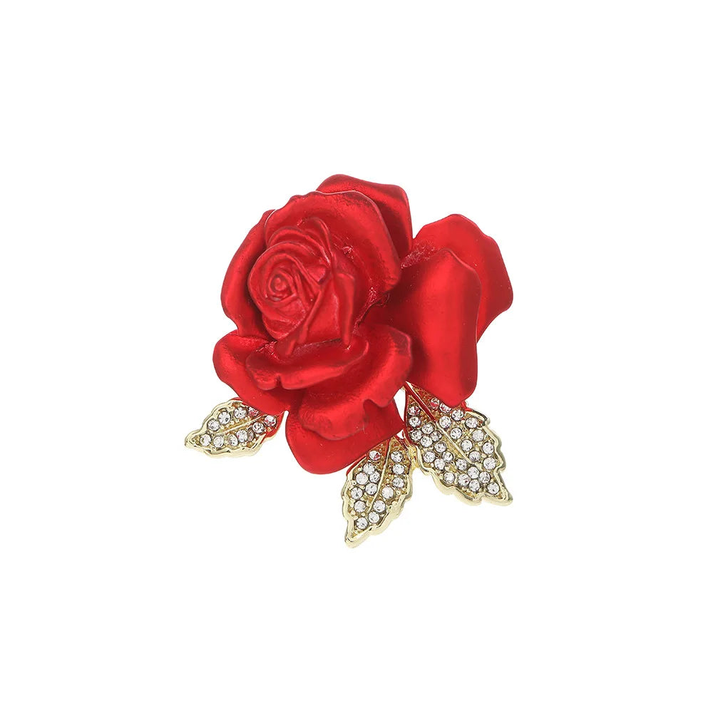 Beautiful Rose Flower Brooches Shiny Rhinestone Studded Gold Color Metal Pins Clothin alternate view