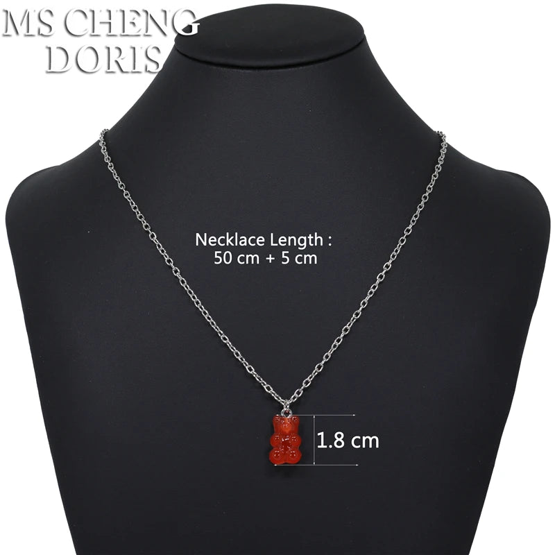 Handmade 33 Styles Colors Cute Resin Gummy Bear Chain Necklaces, Candy Color Pendan additional angle