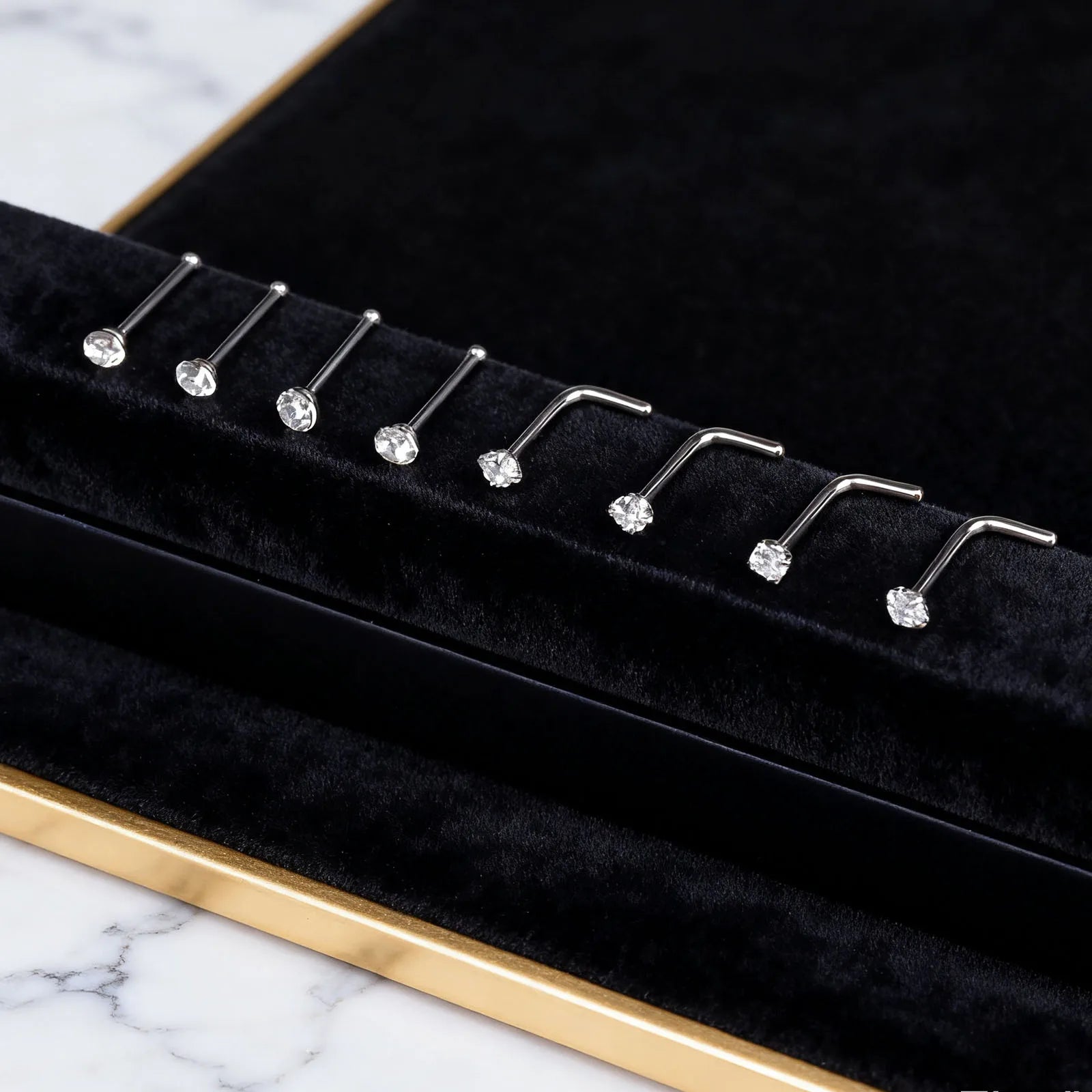 1/4/8PCS 20G 316L Stainless Steel Zircon Nose Piercing Stud for Women Men, L Shape Nos close-up view