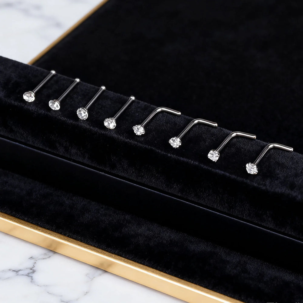 1/4/8PCS 20G 316L Stainless Steel Zircon Nose Piercing Stud for Women Men, L Shape Nos close-up view