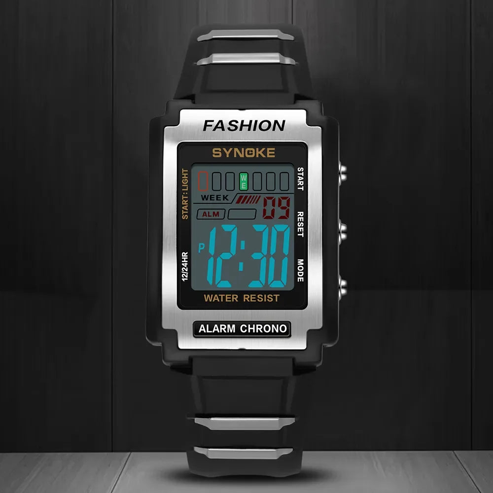 SYNOKE Men Rectangular Sports Electronic Watch Waterproof 50M Night Light Large Scr additional angle