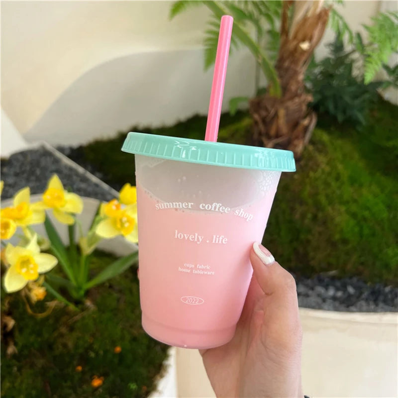 Kawaii Water Bottle For Coffee Juice Tea Cute Tumbler Plastic Cups With Straw Lid Por alternate view