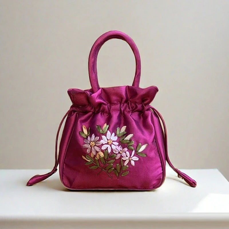 Small Embroidered Flower Bucket Bag | Women's Top Handle Drawstring Purse lifestyle view