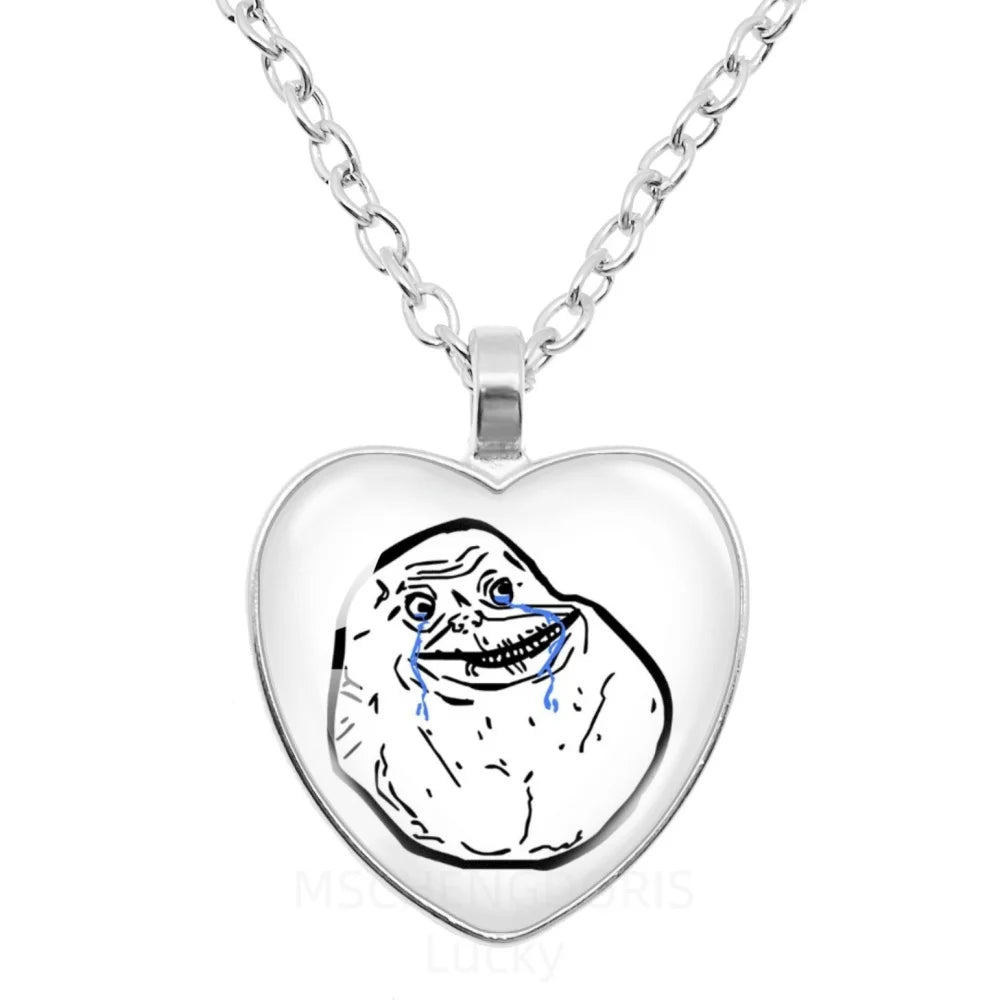 Rage Comic Necklace Derp Face Trollface Funny Meme Cartoon Glass Heart Shape Pendant C close-up view