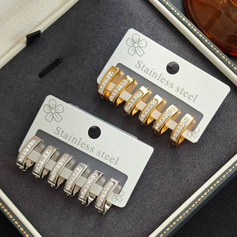 ANENJERY 316L Stainless Steel Hollow Circular Zircon Earrings For Women Men Fashion Pers detail view