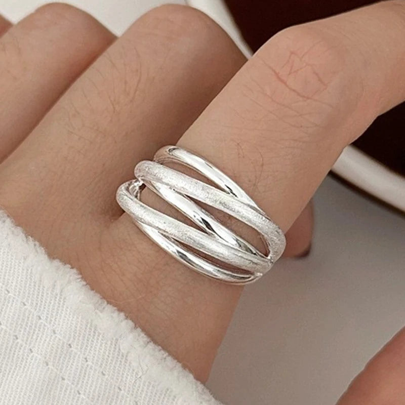 PANJBJ 925 Sterling Silve Multilayer Irregular Geometric Ring for Women Simple Charm lifestyle view