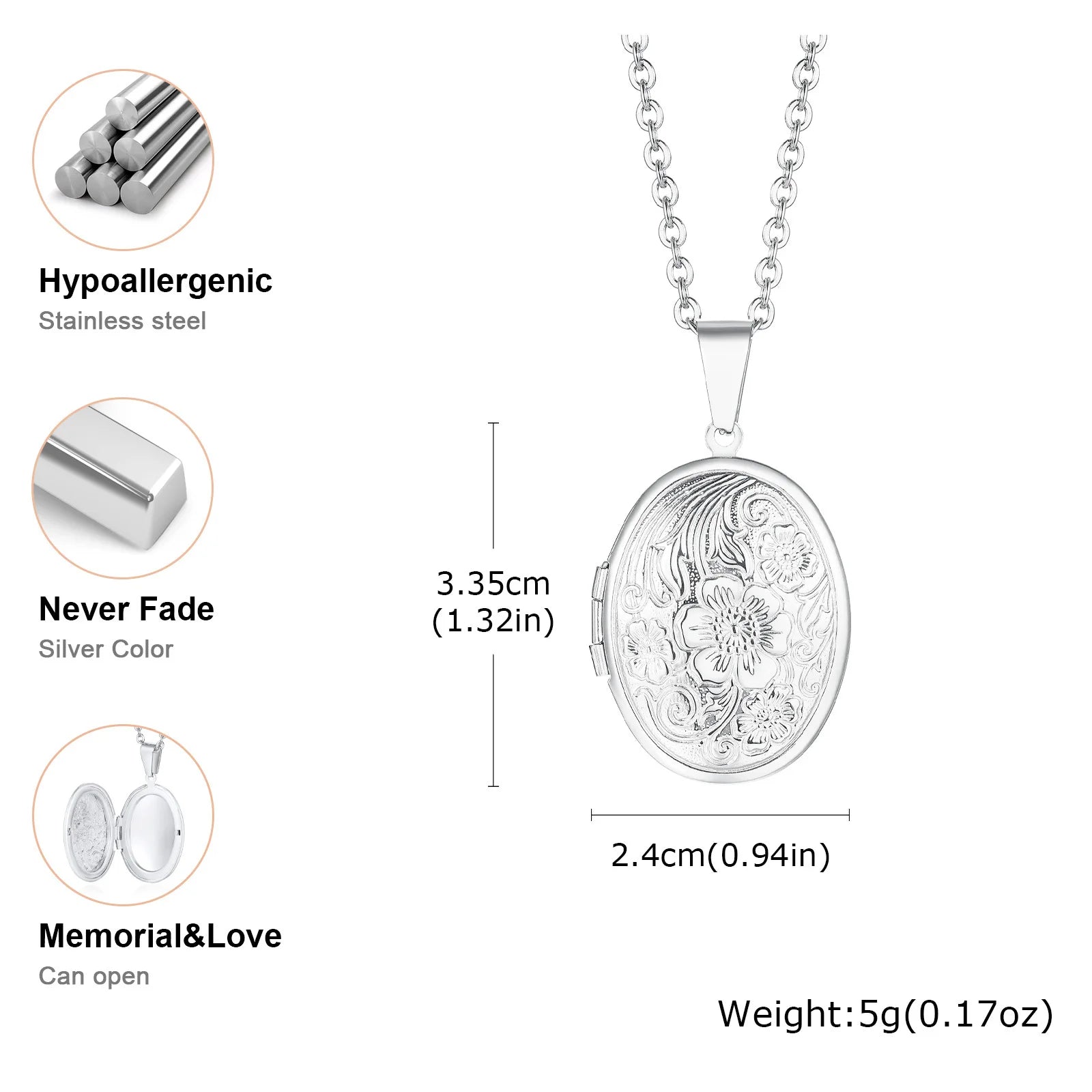 Vnox Never Fade Silver Color Stainless Steel Women Locket Pendant, Openable Heart Pen alternate view