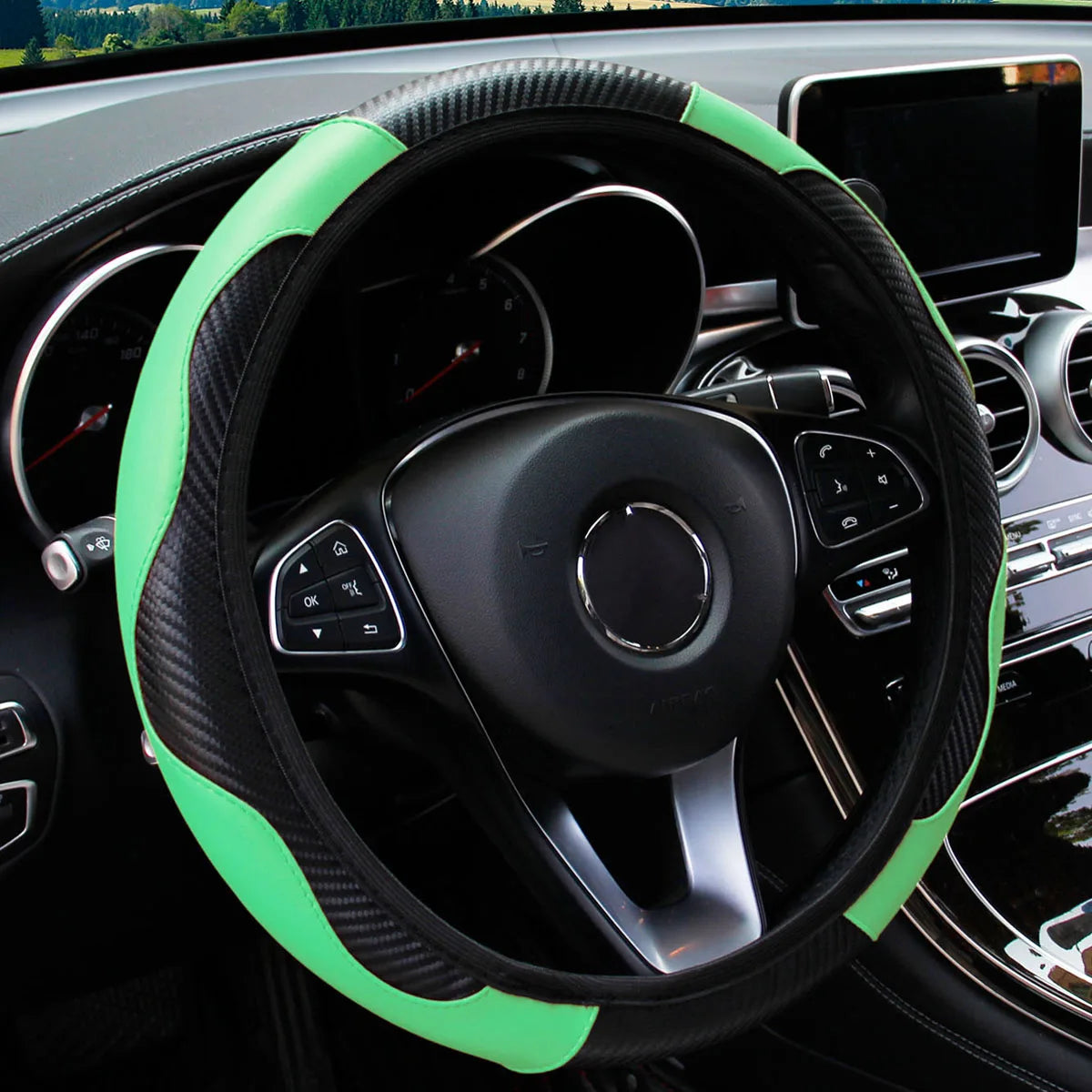 PU Carbon Fiber Leather Car Steering Wheel Cover | 14.5-15 Inch Grip Enhancer detail view