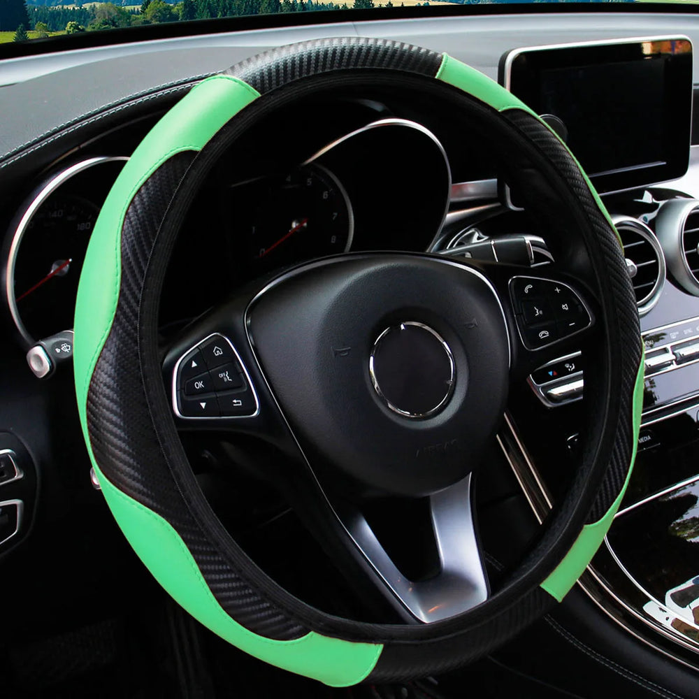 PU Carbon Fiber Leather Car Steering Wheel Cover | 14.5-15 Inch Grip Enhancer detail view