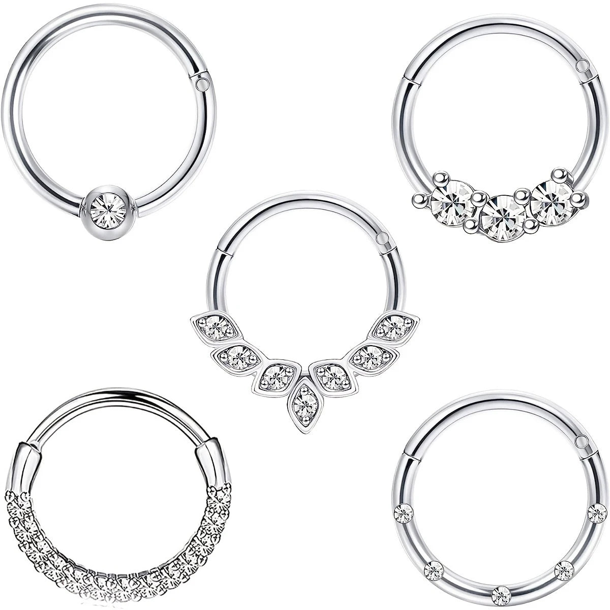 1-5pcs 16G Fashion 316L Stainless Steel CZ Hinged Septum Clicker Nose Hoop Rings,Daith Helix Tragus