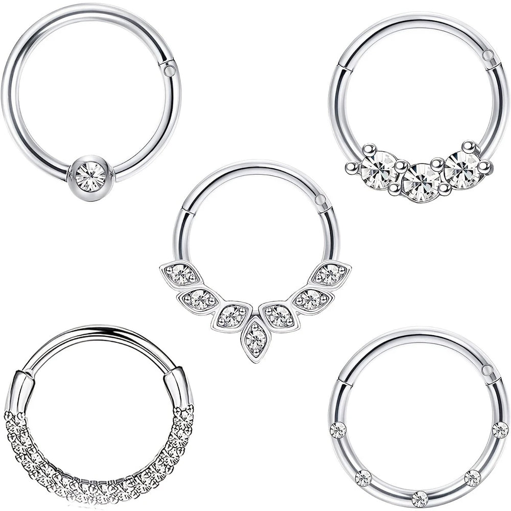 1-5pcs 16G Fashion 316L Stainless Steel CZ Hinged Septum Clicker Nose Hoop Rings,Daith Helix Tragus