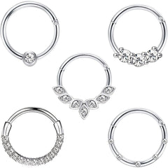 1-5pcs 16G Fashion 316L Stainless Steel CZ Hinged Septum Clicker Nose Hoop Rings,Daith Helix Tragus