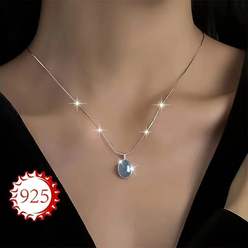 925 Sterling Silver Necklace with Moonstone and Natural Aquamarine Pendant, Necklace, Clavicle Chain