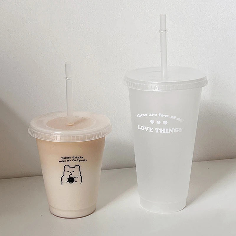 【Q】Water Bottle For Coffee Juice Milk Tea Kawaii Plastic Cold Cups With Lid Straw Portab detail view