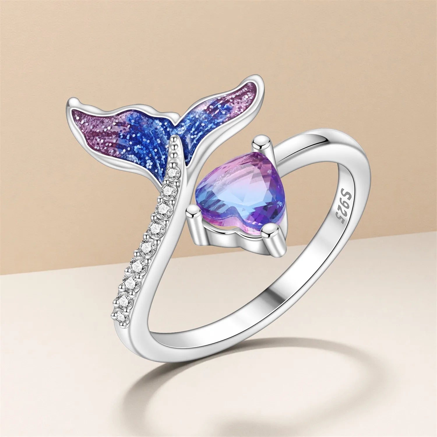 2026 HOT Sale 925 Sterling Silver Open Rings Adjustable Mermaid Heart Inlaid Zircon additional angle