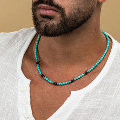 Synthetic Turquoise Necklace for Men | Natural Stone Mini Beads Summer Beach Bohemian close-up view