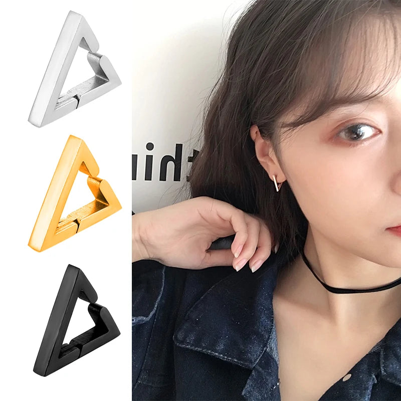 Stainless Steel Non-Piercing Triangle Earrings | Punk Hip Hop Ear Clip Set lifestyle view