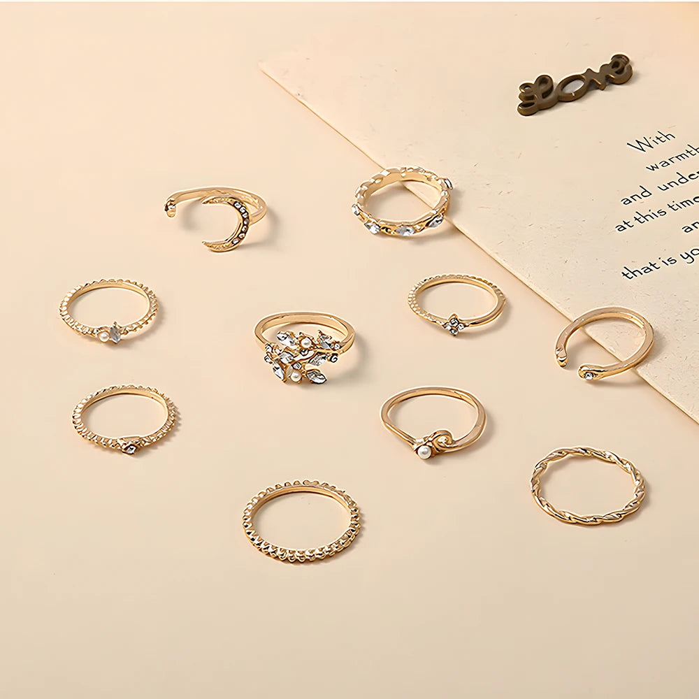 10Pcs Rings Suit For Women Gold-color Chain Ring Set Bohemian Style Coin Snake Moon S alternate view