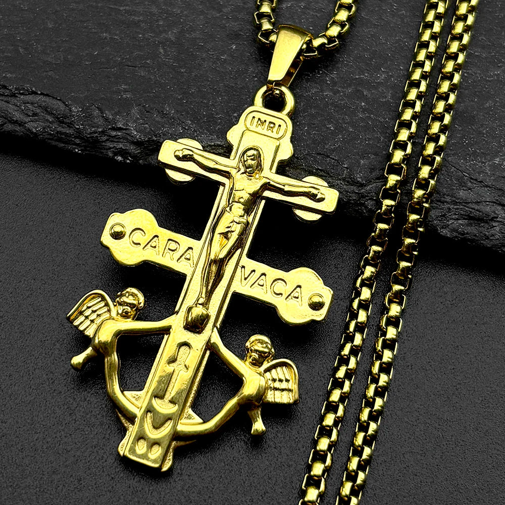 Catholic INRI Caravaca Cross Jesus Crucifix Cherub Angel Pendant Necklace for Women additional angle