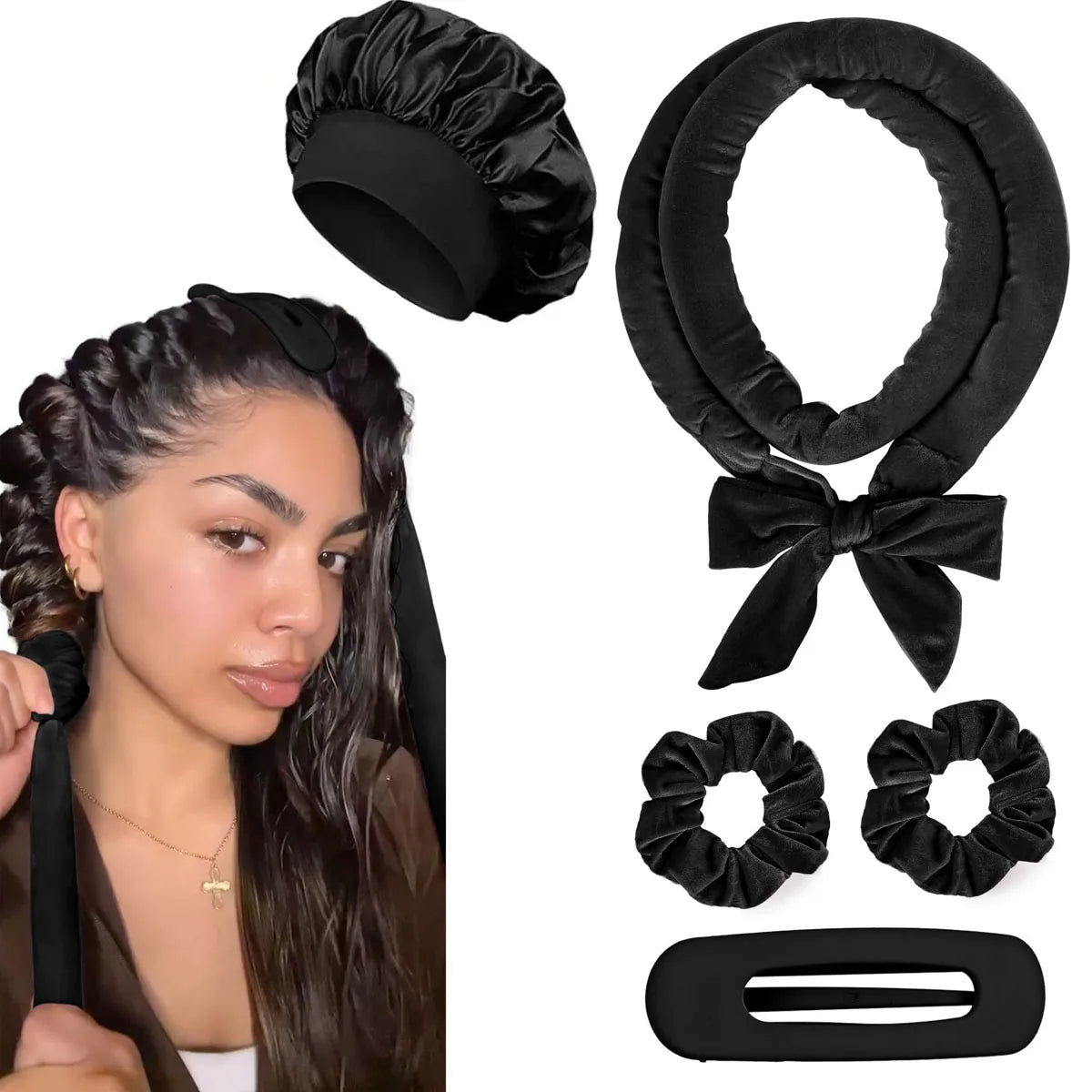Velvet Heatless Hair Curlers Headband Kit No Heat Curls Tool + Satin Sleep Cap + Hair lifestyle view