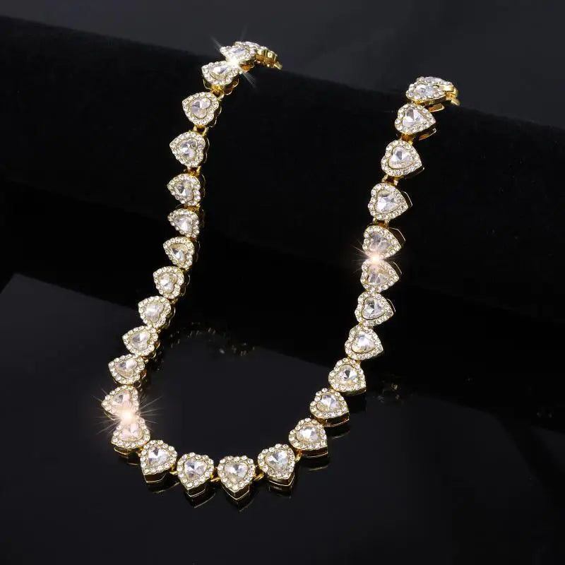 Shiny Heart Rhinestone Hip Hop Chain Necklace and Bracelet Set | Hip Hop Jewelry detail view