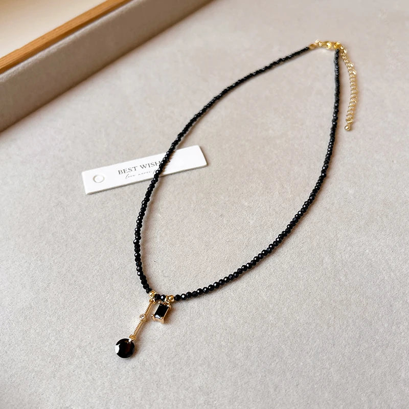 Black Crystal Bead Tassel Necklace | Trendy Collarbone Chain lifestyle view