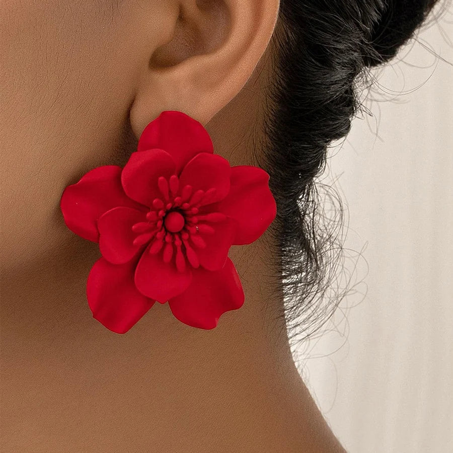 Obega Red Flower Stud Earrings | Bohemian Statement Metal Earrings for Women close-up view