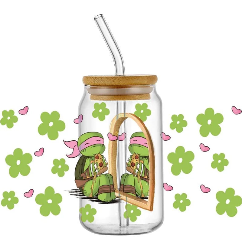 Cartoon Turtle Decal Stickers | Waterproof UV DTF Wrap for 16oz Libbey Glass close-up view