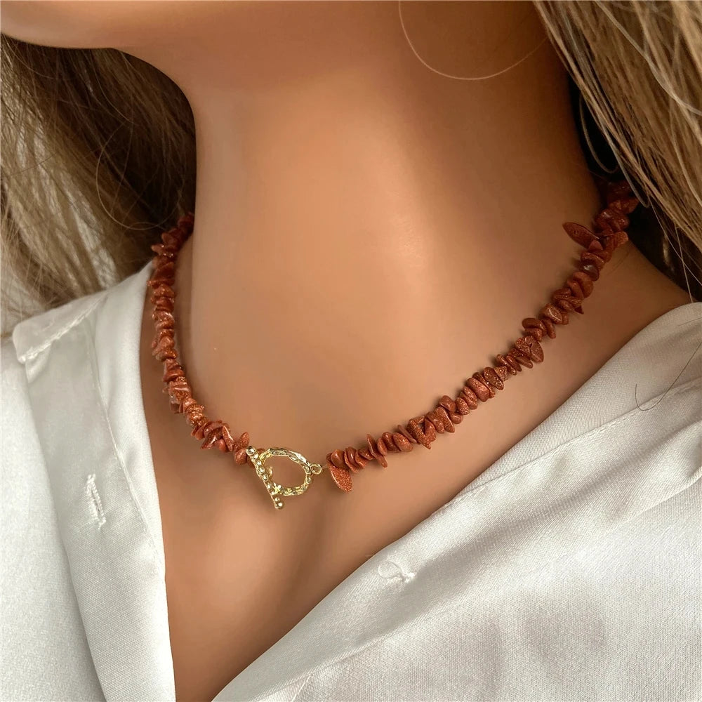Natural Chip Stone Choker Necklace | Bohemia Crystal Bead Jewelry detail view