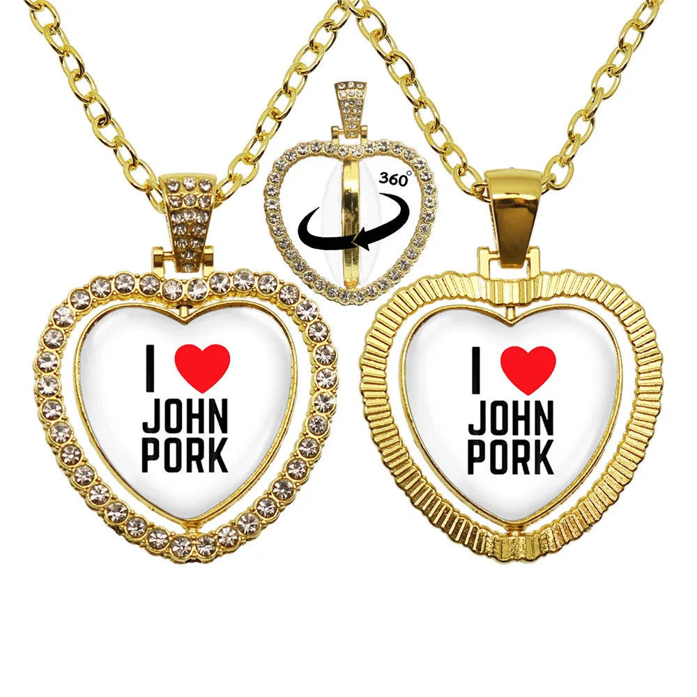 John Pork is Calling Answer Call Phone Humor Funny Pig Lover Graphic Glass Cabochon Heart-Shape Pendant Necklace Jewelry Gift
