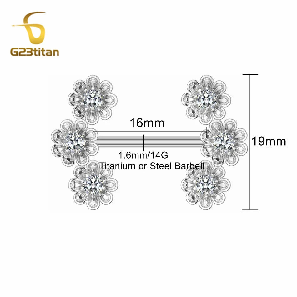G23Titan 2pcs Zircon Flower Shape Nipple Rings 12-22mm Length 14G G23 Titanium Staigh lifestyle view