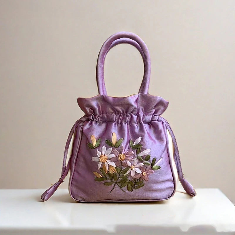 Small Embroidered Flower Bucket Bag | Women's Top Handle Drawstring Purse alternate view