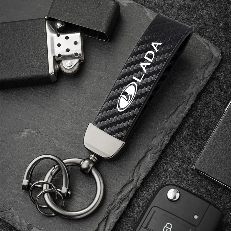 Car Carbon Fiber Style Keychain | Lada Accessory with Microfiber Leather alternate view