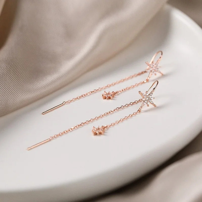 Silver Star Zircon Drop Earrings | Elegant Tassel Earrings for Women close-up view