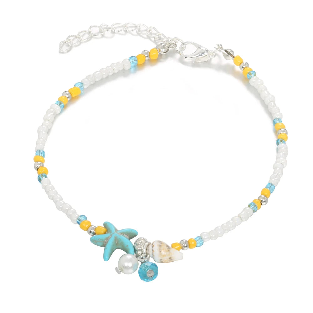 1Pc Boho Turquoise Starfish Anklets Summer Conch Rice Bead Anklet With Adjustable C additional angle