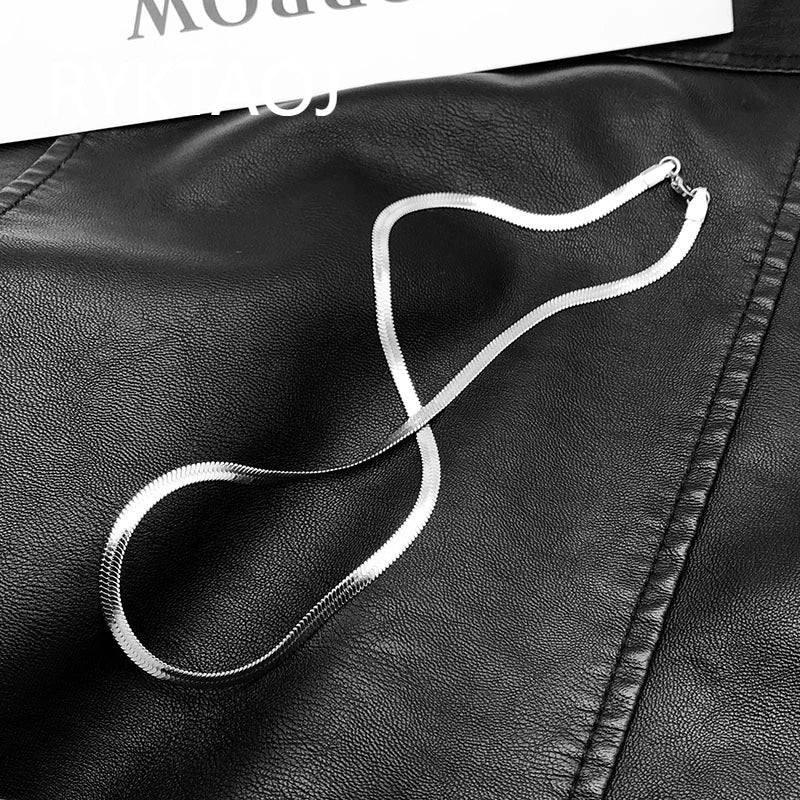 925 Sterling Silver Flat Herringbone Necklace Thin Shiny Snake Chain Minimalist Dainty close-up view