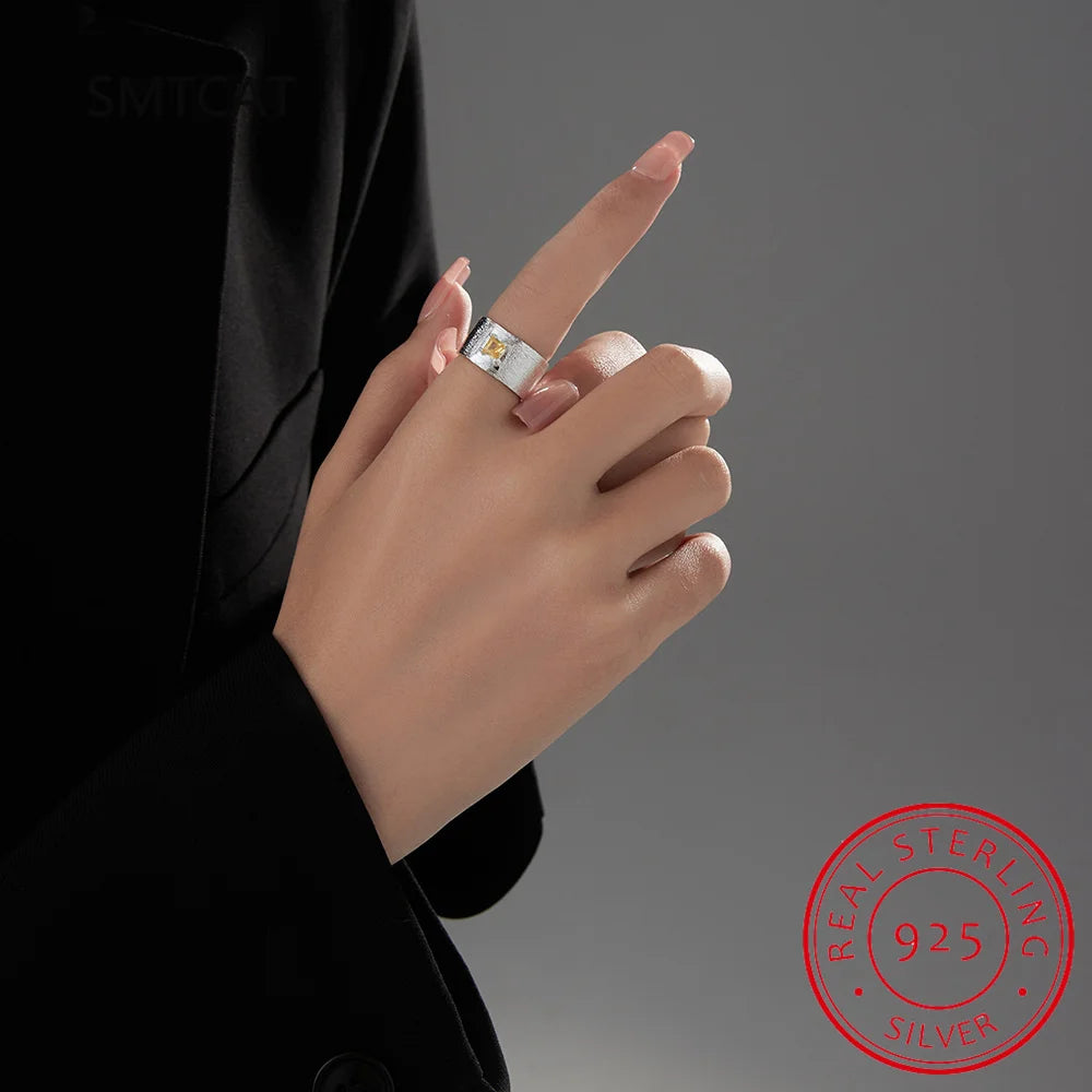 Real 925 Sterling Silver Square Citrine Gemstone Frosted Wide Opening Ring For Women lifestyle view