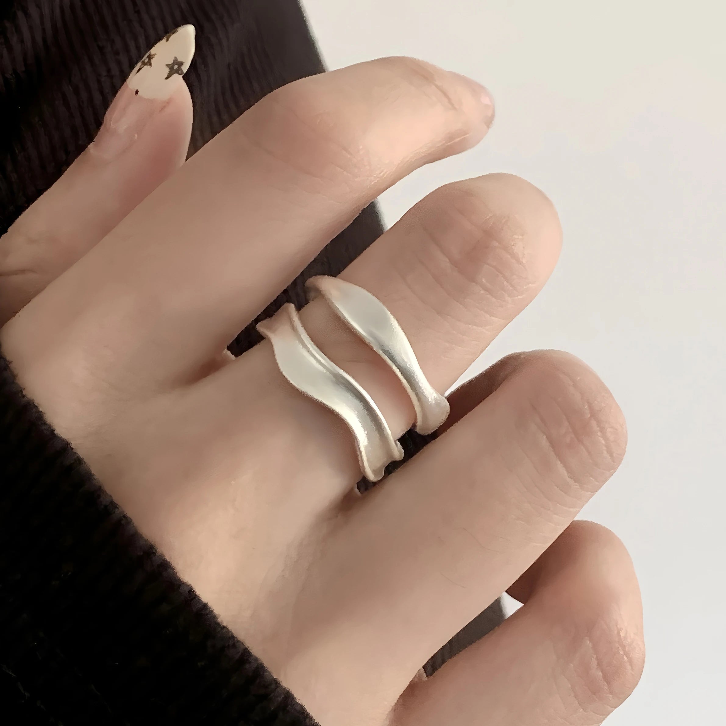 PANJBJ 925 Sterling Silver Frosting Geometry Ring for Women Wide Texture Versatile Han close-up view