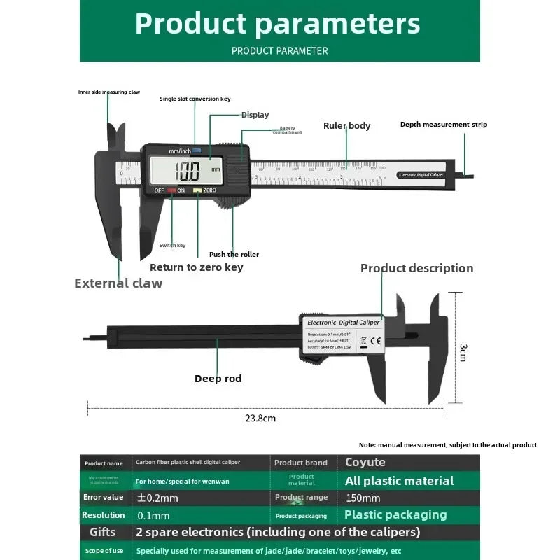 Digital Caliper 150mm LCD Display | Carbon Fiber Electronic Measuring Tool additional angle